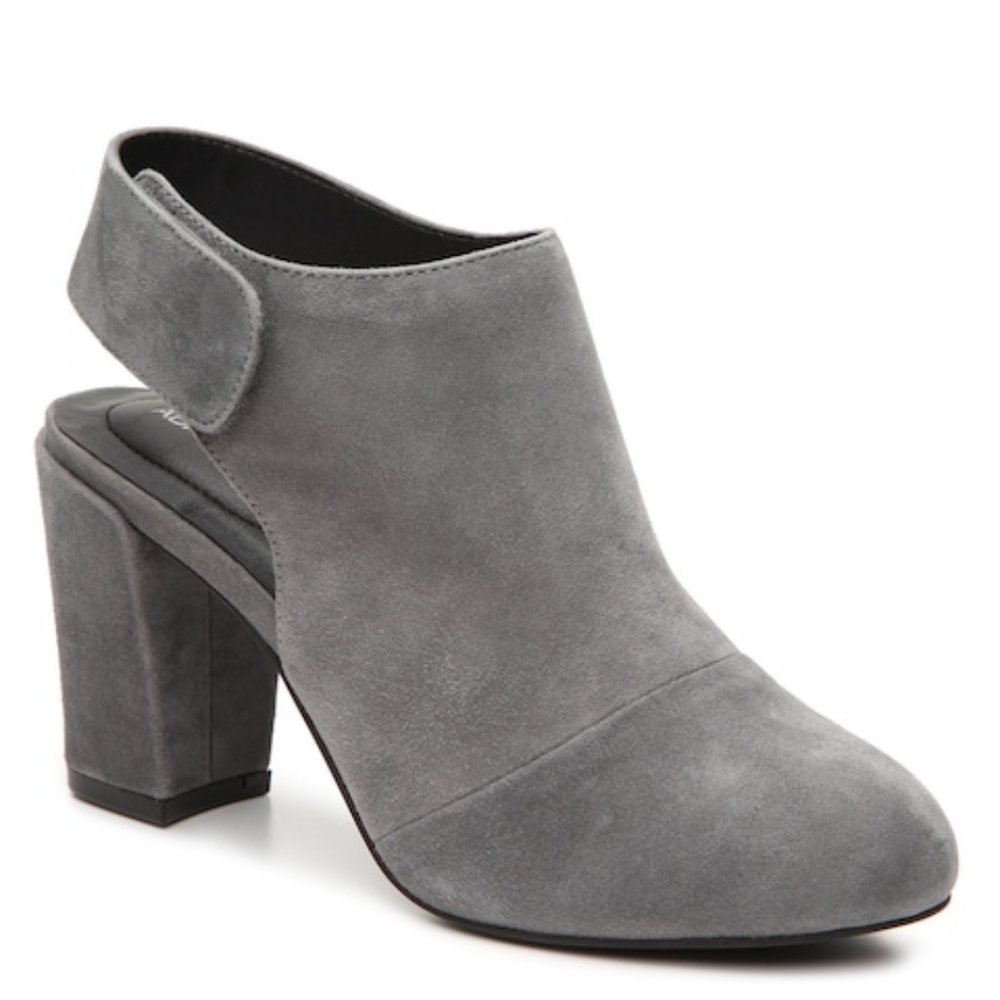 LIKE NEW Adam Tucker Jenna Gray Suede Booties (Velcro Strap, Exposed Heel) 8.5